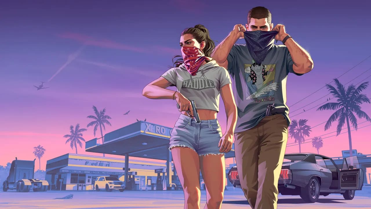 Jason y Lucia en la gasolinera J&L — arte oficial de Grand Theft Auto VI